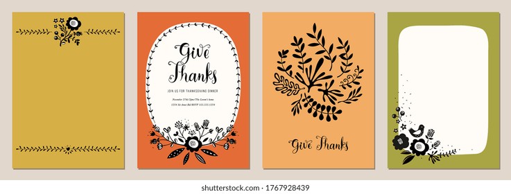 Trendy Thanksgiving templates in scandinavian style. Good for poster, card, invitation, flyer, cover, banner, placard, brochure and other graphic design. Vector illustration.