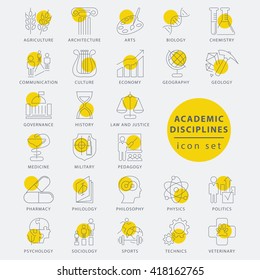 Trendy thin line academic disciplines isolated icon set, vector illustration