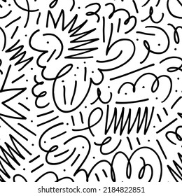 Trendy thin lines and dots seamless pattern. Curved and zig zag lines. Expressive seamless abstract vector background in black and white. Stylish monochrome doodles. Freehand black ink drawing.