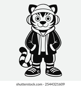 Trendy Tiger Illustration Cartoon Tiger Wearing Yellow Cap and Hoodie Vector.