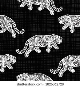 Trendy Tiger Safari Seamless Pattern Vector Hand Drawn Cool Style On Texture,Design For Fashion , Fabric, Textile, Wallpaper, Cover, Web , Wrapping And All Prints On Black