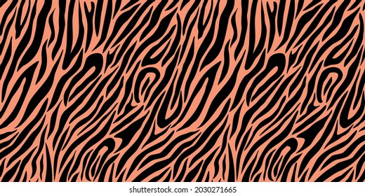 Trendy Tiger Skin Fashion Print For Textile And Clothes. Black Stripes On An Orange Background. Animal Skin Seamless Pattern. 