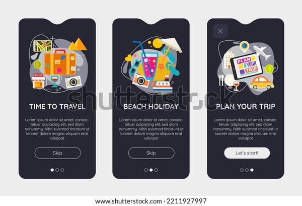 Trendy Time For Travel and Plan Your Trip UI\
Mobile App Splash Onbard\
Screens