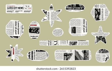 Trendy torn newspaper pieces. Collage halftone elements. Jagged edges. Old paper clipping set. Vintage grunge style concept. Isolated background. Trendy design template. Vector illustration.