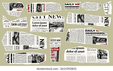 Trendy torn newspaper pieces. Collage halftone elements. Jagged edges. Old paper clipping set. Vintage grunge style concept. Isolated background. Trendy design template. Vector illustration.