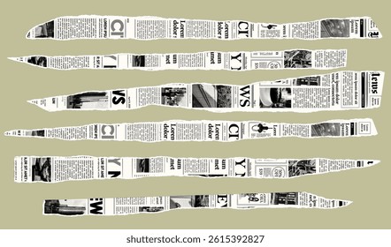 Trendy torn newspaper pieces. Collage halftone elements. Jagged edges. Old paper clipping set. Vintage grunge style concept. Isolated background. Trendy design template. Vector illustration.