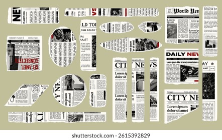 Trendy torn newspaper pieces. Collage halftone elements. Jagged edges. Old paper clipping set. Vintage grunge style concept. Isolated background. Trendy design template. Vector illustration.
