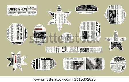 Trendy torn newspaper pieces. Collage halftone elements. Jagged edges. Old paper clipping set. Vintage grunge style concept. Isolated background. Trendy design template. Vector illustration.