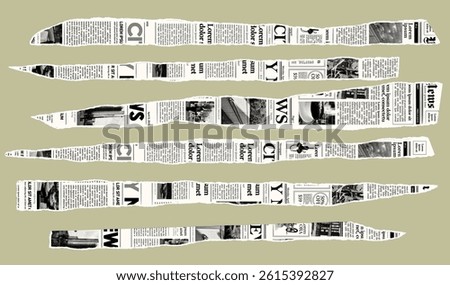 Trendy torn newspaper pieces. Collage halftone elements. Jagged edges. Old paper clipping set. Vintage grunge style concept. Isolated background. Trendy design template. Vector illustration.