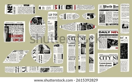 Trendy torn newspaper pieces. Collage halftone elements. Jagged edges. Old paper clipping set. Vintage grunge style concept. Isolated background. Trendy design template. Vector illustration.