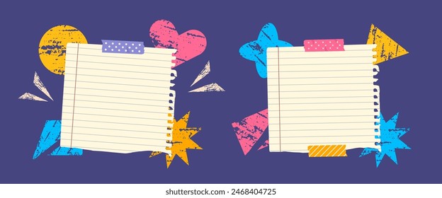 Trendy torn paper scraps with different grunge shape stickers of star, circle, rectangle. Vintage ripped paper notes in flat cartoon style.