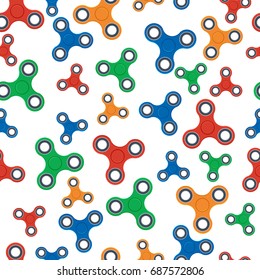 Trendy toy for fun spinner for rotating fingers. Vector set of colorful icons, seamless background.