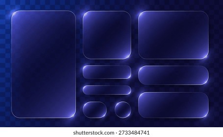 Trendy Transparent Glassmorphism Glass Elements with Liquid Morphism Effect for Ui UX Design and Modern Interfaces. Rounded Rectangles, Circles and Buttons with Frosted Blur Overlay. Glass Morphism