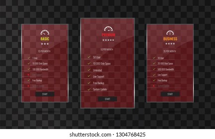 Trendy transparent price list and offer columns with glass effect.