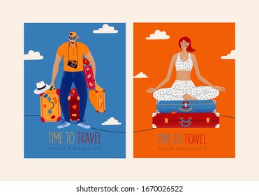 Trendy travel illustration.Excited happy man with luggages. Young woman sits on a stack of suitcases in a yoga lotus pose and meditates.Concept of discovery, exploration, hiking, adventure tourism.