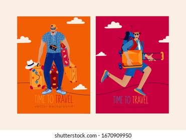 Trendy travel illustration.Excited happy man with luggages. Young woman sits on a stack of suitcases in a yoga lotus pose and meditates.Concept of discovery, exploration, hiking, adventure tourism.