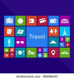 Trendy travel transportation and tourism computer or mobile application app program with icon tool in colorful geometric square block window background with header text, create by vector
