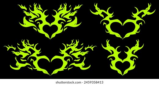 Trendy tribal hearts hand drawn illustration. Neotribal goth hearts design, print for T-shirts. Vector isolated on black background.