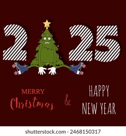 Trendy Trippy 2025 Christmas Card cover design with cute Groovy XMAS tree and inscription. Joyful Typography Christmas banner in modern cut out paper 3D style. Vector for web and social media