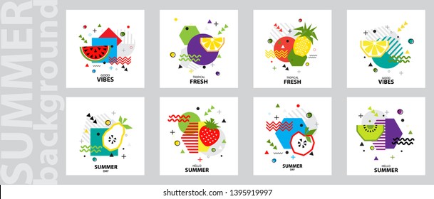 Trendy Tropic  background with fruit (Kiwi,  pineapple, orange, apple, watermelon, lemon, strawberry, pear ). Design background for booklet, cards, invitation, brochure and promotion. Vector 