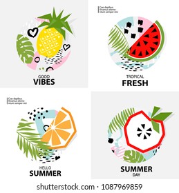 Trendy Tropic  background with fruit ( pineapple, orange, apple, watermelon ). Design background for booklet, cards, invitation, brochure and promotion. Vector illustration