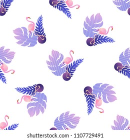 Trendy tropic flamingo seamless pattern with palm tree leaves. Vector illustration of exotic bird on white background. Wildlife concept. Perfect for textile, wrapping paper and scrapbooking.