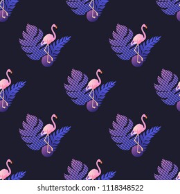 Trendy tropic flamingo seamless pattern with palm tree leaves. Vector illustration of exotic bird on black background. Wildlife concept. Perfect for textile, wrapping paper and scrapbooking.