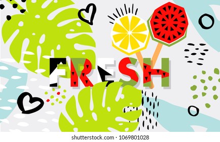 Trendy tropic and fruit ice cream (watermelon, pineapple) pattern covers set. Design floral backgrounds for booklet, cards, invitation, brochure and promotion. Vector illustration