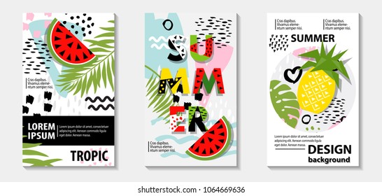 Trendy tropic and  fruit (watermelon, pineapple) pattern covers set. Design floral backgrounds for booklet, cards, invitation, brochure and promotion. Vector illustration