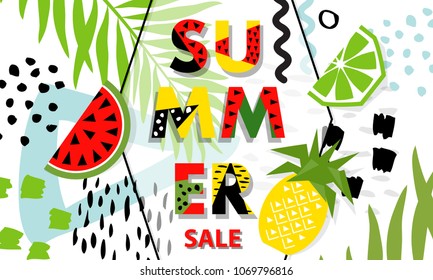 Trendy tropic and fruit (watermelon, pineapple) pattern covers set. Design floral backgrounds for booklet, cards, invitation, brochure and promotion. Vector illustration