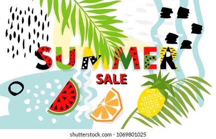 Trendy tropic and fruit (watermelon, pineapple) pattern covers set. Design floral backgrounds for booklet, cards, invitation, brochure and promotion. Vector illustration
