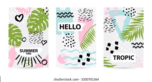 Trendy tropic pattern covers set. Design floral backgrounds for booklet, cards, invitation, brochure and promotion. Vector illustration