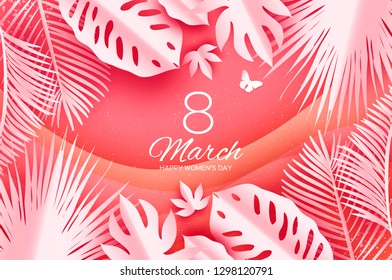 Trendy Tropical 8 March. Coral Womens day greeting card with paper cut leaves. Origami exotic flower bouquet. Text. Spring Holidays. Happy Mothers Day.