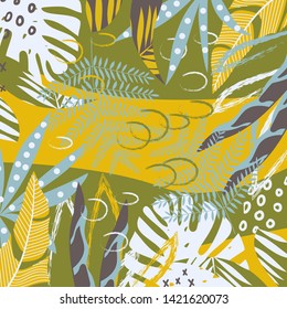A trendy tropical abstract pattern with bright leaves and plants on a yellow background. Vector design. Jungle print. Floral background.