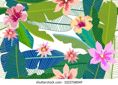 Trendy tropical  background with banana leaves and hibiscus flowers. Seamless botanical pattern with aloha motifs. Modern design for textile, cards and invitations.