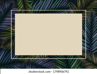 Trendy tropical background vector design. Wedding exotic invitation card design. Tropical neon palm tree fan on dark background. Luxury botanical natural template with text box
