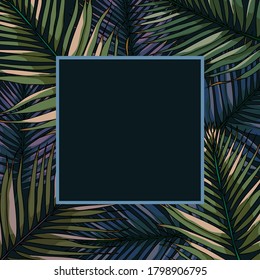 Trendy tropical background vector design. Wedding exotic invitation card design. Tropical neon palm tree fan on dark background. Luxury botanical natural template with text box
