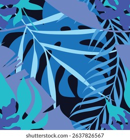 Trendy tropical blue tropical seamless pattern. Summer tropical pattern backdrop ideas for textile, home decor, template, poster, banner, rugs, carpet. Vector illustration.