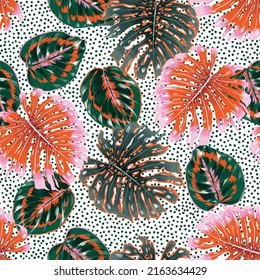 Trendy tropical botanical leaves and Plants Hand drawn seamless pattern vector Illustration , Design for fashion , fabric, textile, wallpaper, cover, web , wrapping and all prints 
