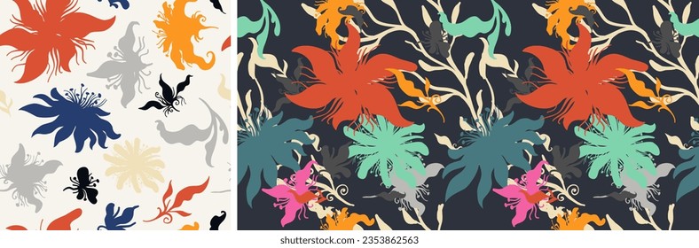 Trendy tropical bright seamless vector set of floral, jungle, flowers and leaves. Hand drawn cartoon, childish elements for fabric design, background, gifts, cards