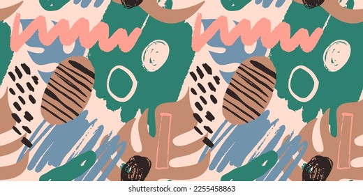 Trendy tropical doodle seamless pattern with unusual abstract shapes and jungle plant leaf in pastel colors. Freehand organic shape background for fashion print, summer wallpaper design.