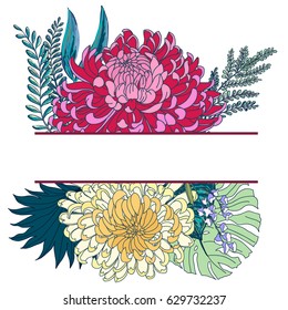 Trendy Tropical and Exotic Plants Vector Illustration with place for your text. Frame Design with Leaves and  Chrysanthemum flower