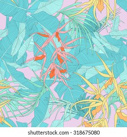 trendy tropical fabric seamless pattern, palm leaves and orchids, vector illustration