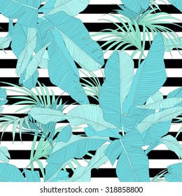 trendy tropical fabric seamless pattern, palm leaves on black and white stripes, vector illustration