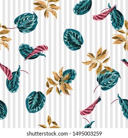 Trendy Tropical forest leaves bright mood on ligh grey and white vertical stripe seamless pattern for fashoin fabric ,wallpaper book , card and etc