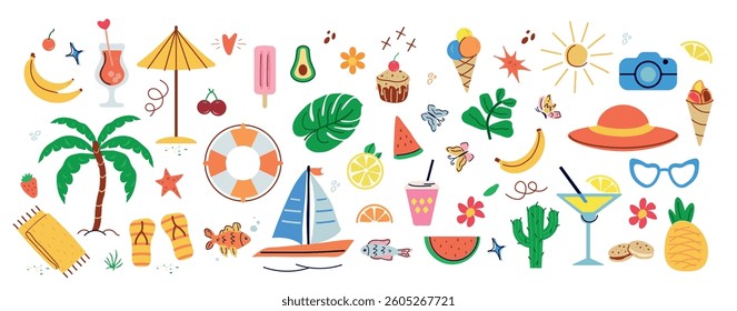 trendy, tropical fruits, desserts, summer elements. naive, summer set, isolated figures on a white background. minimalist, childish, naive style. for print, banner, social network, business art 