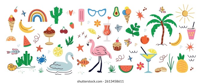 trendy, tropical fruits, desserts, summer elements. naive, summer set, isolated figures on a white background. minimalist, childish, naive style. for print, banner, social network, business. art 