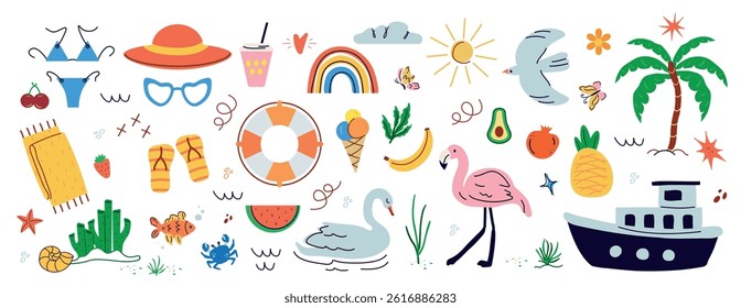 trendy, tropical fruits, desserts, summer elements. naive, set, isolated figures on a white background. minimalist, childish, naive style. for print, banner, social network, business. art vector