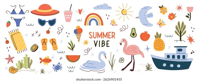 trendy, tropical fruits, desserts, summer element. naive, summer set, isolated figures on a white background. minimalist, childish, naive style. for print, banner, social network, business. art vector