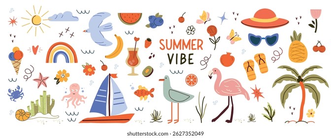 trendy, tropical fruits, desserts, summer element. naive, summer set, isolated figures on a white background. minimalist, childish, naive style. for print, banner, social network, business. art vector